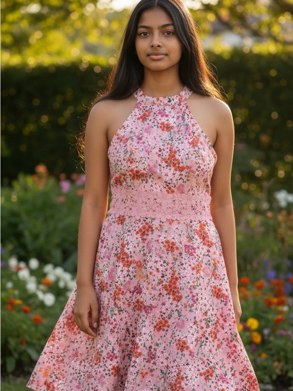 7-9 No Boundaries Pink Floral Halter Midi Dress